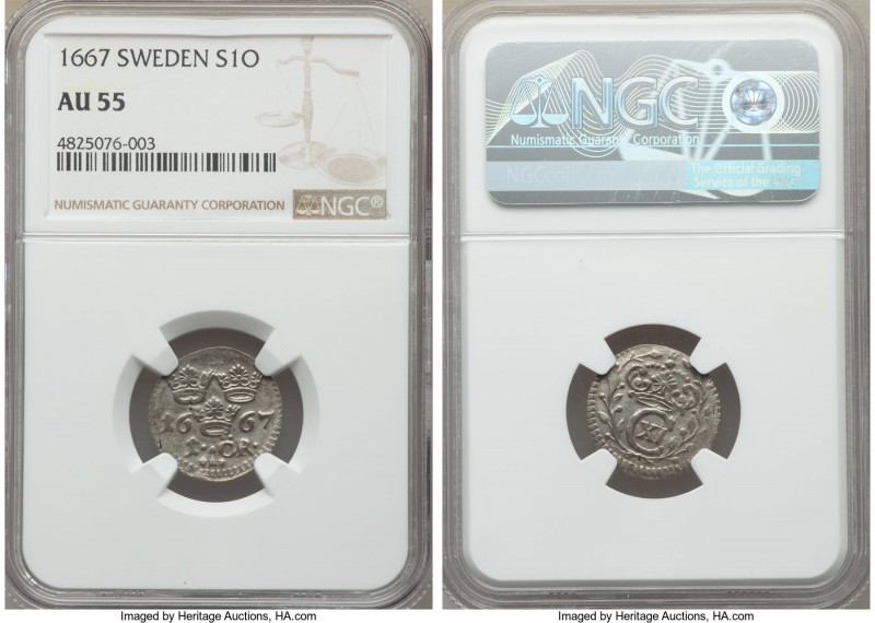 Charles XI Ore 1667 AU55 NGC, Stockholm mint, KM250. A lustrous well-centered mi...