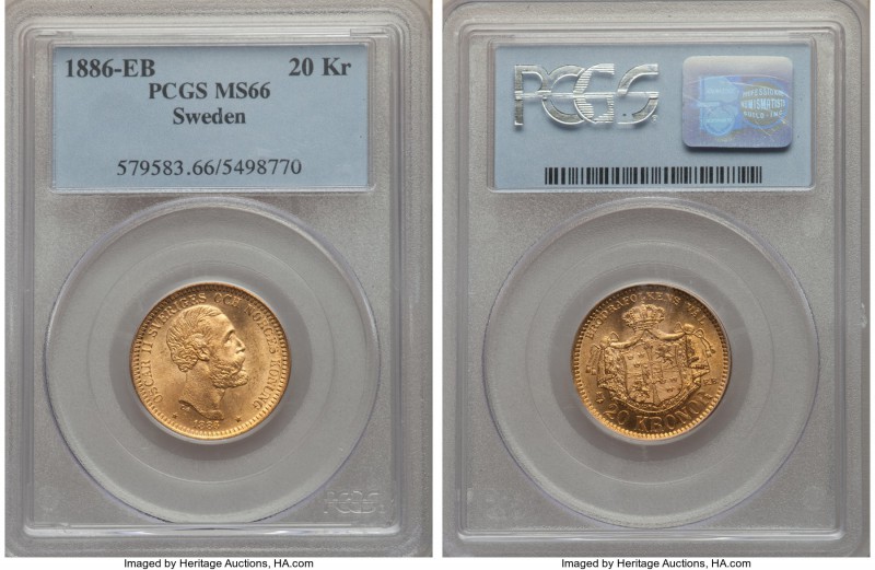 Oscar II gold 20 Kronor 1886-EB MS66 PCGS, KM748. A lustrous gem and quite elusi...