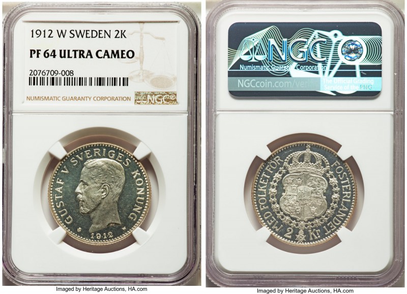 Gustaf V Proof 2 Kronor 1912-W PR64 Ultra Cameo NGC, KM787. Unlisted as Proof in...