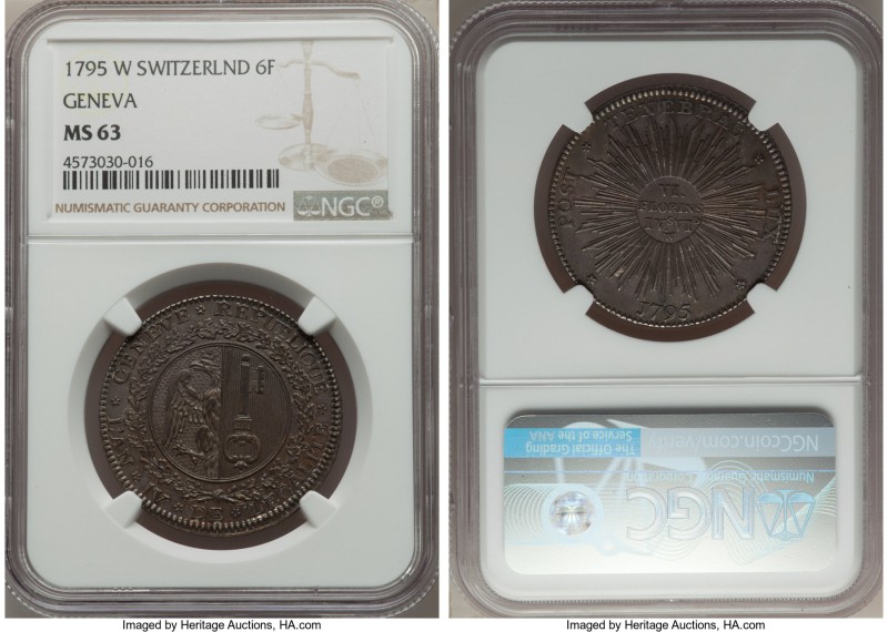Geneva. Canton 6 Florins 1795-W MS63 NGC, KM110. Even steel-grey toning with hin...