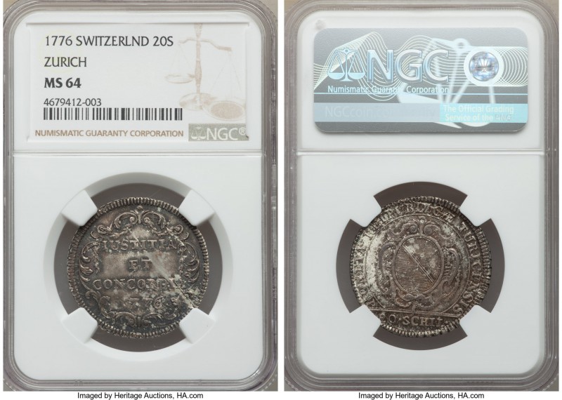 Zurich. Canton 20 Schillings 1776 MS64 NGC, KM160. Powerful old cabinet toning w...