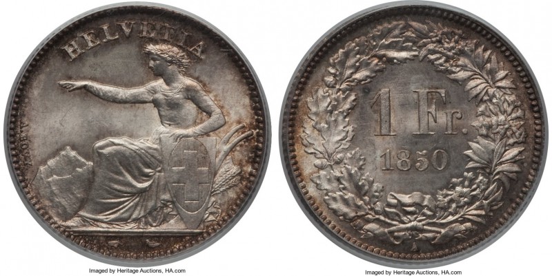 Confederation Franc 1850-A MS67 PCGS, KM9. An exceptionally preserved example of...