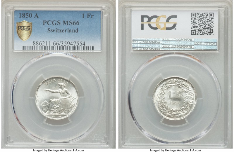 Confederation Franc 1850-A MS66 PCGS, KM9. Blast white and nearly immaculate - a...