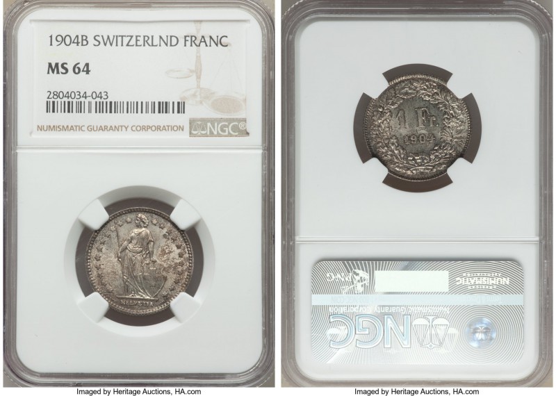 Confederation Franc 1904-B MS64 NGC, Bern mint, KM24. Boasting satin texture acr...