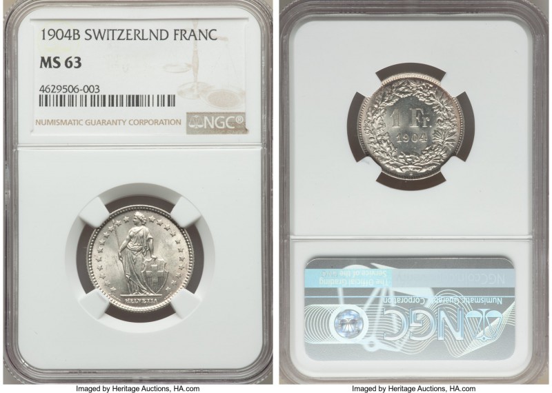Confederation Franc 1904-B MS63 NGC, Bern mint, KM24. A notably rare date to loc...