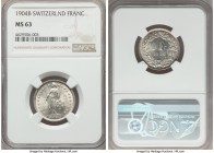 Confederation Franc 1904-B MS63 NGC, Bern mint, KM24. A notably rare date to locate Mint State, particularly when it comes so choice and silky as the ...