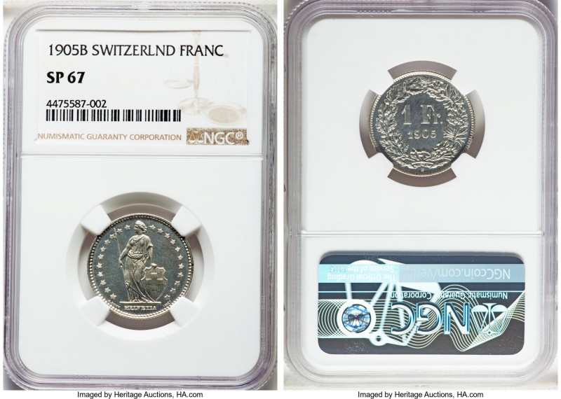 Confederation Specimen Franc 1905-B SP67 NGC, Bern mint, KM24. A virtually perfe...