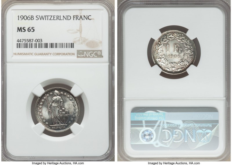 Confederation Franc 1906-B MS65 NGC, KM24. Radiant, with beautiful charcoal acce...