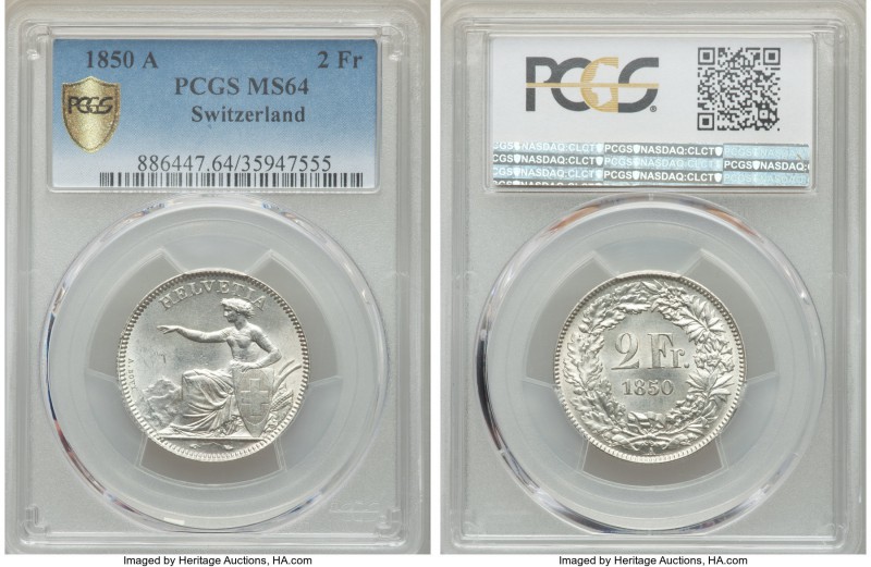 Confederation 2 Francs 1850-A MS64 PCGS, Paris mint, KM10. A blast white example...