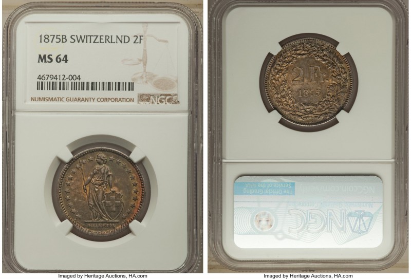 Confederation 2 Francs 1875-B MS64 NGC, Bern mint, KM21. An absolutely brilliant...