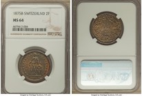 Confederation 2 Francs 1875-B MS64 NGC, Bern mint, KM21. An absolutely brilliant specimen, toned to a lovely rainbow of autumnal hues that approach se...