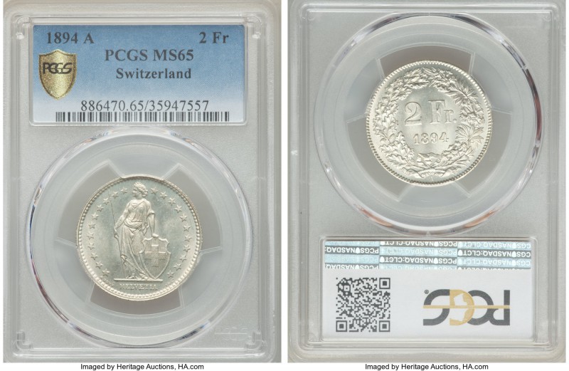 Confederation 2 Francs 1894-A MS65 PCGS, Paris mint, KM21. Exceptionally high-gr...