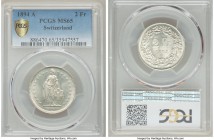 Confederation 2 Francs 1894-A MS65 PCGS, Paris mint, KM21. Exceptionally high-grade for the earlier Franc series. Sharply struck, with light tone over...