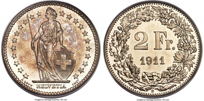 Confederation Specimen 2 Francs 1911-B SP66 PCGS, Bern mint, KM21, HMZ-21202q. F...