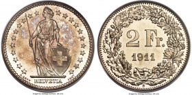 Confederation Specimen 2 Francs 1911-B SP66 PCGS, Bern mint, KM21, HMZ-21202q. Fully radiant, with a glossy, argent-white reverse and jewel-like iride...