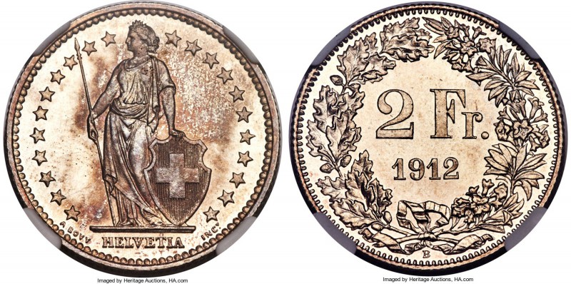 Confederation Specimen 2 Francs 1912-B SP64 NGC, Bern mint, KM21. Watery surface...
