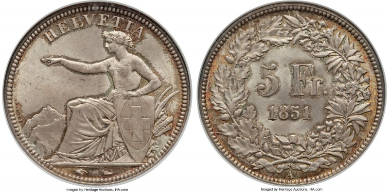 Confederation 5 Francs 1851-A MS65 NGC, Paris mint, KM11. Outranked by only two ...