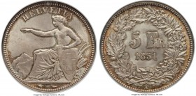 Confederation 5 Francs 1851-A MS65 NGC, Paris mint, KM11. Outranked by only two specimens in the NGC census, this very early Confederation issue revea...
