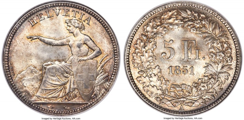 Confederation 5 Francs 1851-A MS65 NGC, Paris mint, KM11. A marvelous coin with ...