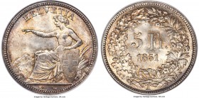 Confederation 5 Francs 1851-A MS65 NGC, Paris mint, KM11. A marvelous coin with a hint of silvery toning coupled with golden hues at the peripheries. ...