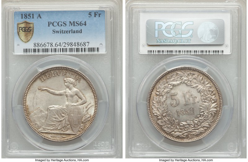 Confederation 5 Francs 1851-A MS64 PCGS, Paris mint, KM11. A satin mixture of fr...