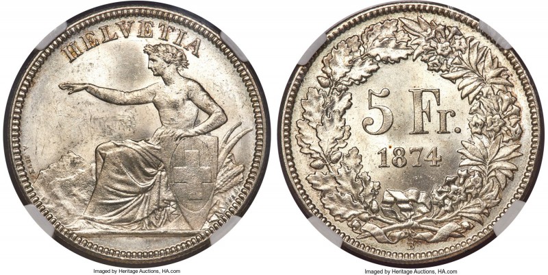 Confederation 5 Francs 1874-B MS64+ NGC, Bern mint, KM11. Highly original with g...