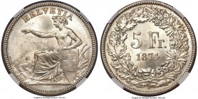Confederation 5 Francs 1874-B MS64+ NGC, Bern mint, KM11. Highly original with good underlying luster, we note a very thin die crack along the left si...