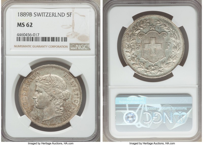 Confederation 5 Francs 1889-B MS62 NGC, Bern mint, KM34. A few hairlines scatter...