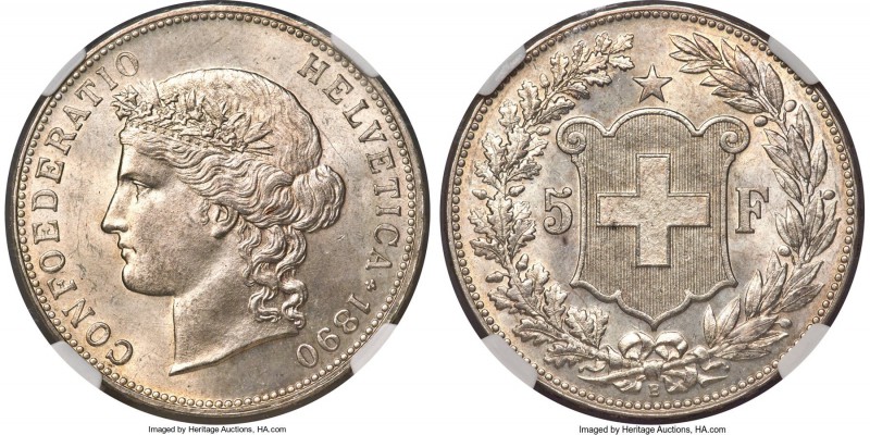 Confederation 5 Francs 1890-B MS65 NGC, Bern mint, KM34, HMZ-21198c. An absolute...