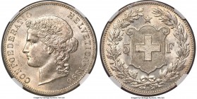 Confederation 5 Francs 1890-B MS65 NGC, Bern mint, KM34, HMZ-21198c. An absolute gem with shallow reflectivity in the fields and nearly pristine surfa...