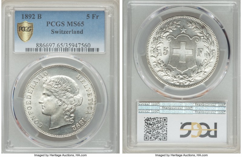 Confederation 5 Francs 1892-B MS65 PCGS, Bern mint, KM34, HMZ-21198e. A blast wh...