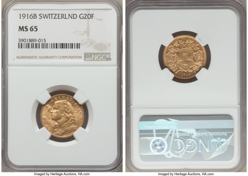 Confederation gold 20 Francs 1916-B MS65 NGC, Bern mint, KM35.1. A desirable Gem...