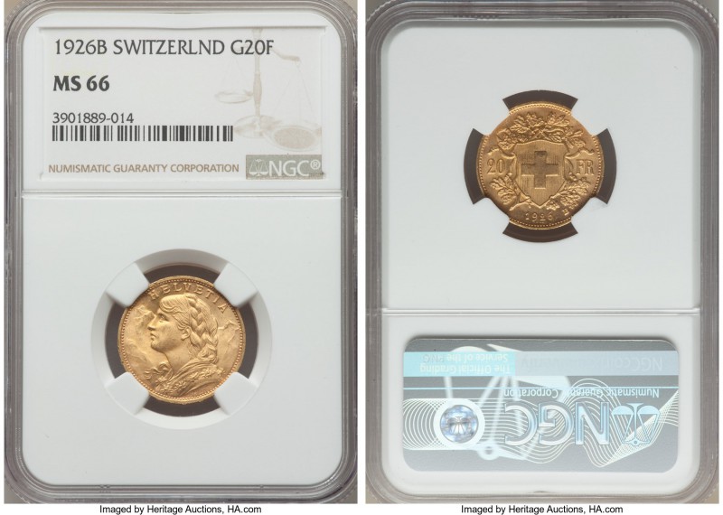 Confederation gold 20 Francs 1926-B MS66 NGC, KM35.1. Certainly in the upper ech...