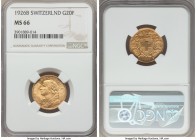 Confederation gold 20 Francs 1926-B MS66 NGC, KM35.1. Certainly in the upper echelon of surviving examples, this coin is lightly toned with underlying...