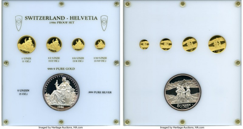 Confederation 5-Piece gold & silver "Helvetia" Proof Set 1986, 1) gold Unze, KMX...