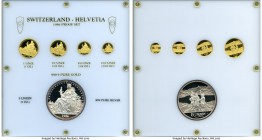 Confederation 5-Piece gold & silver "Helvetia" Proof Set 1986, 1) gold Unze, KMX-MB9 2) gold 1/2 Unze, KMX-MB8 3) gold 1/4 Unze, KMX-MB7 4) gold 1/10 ...