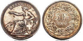 Confederation "Solothurn Shooting Festival" 5 Francs 1855 AU53 PCGS, KMX-S3, Richter-1117a. An elusive type with a mintage of only 3,000. Minimally wo...