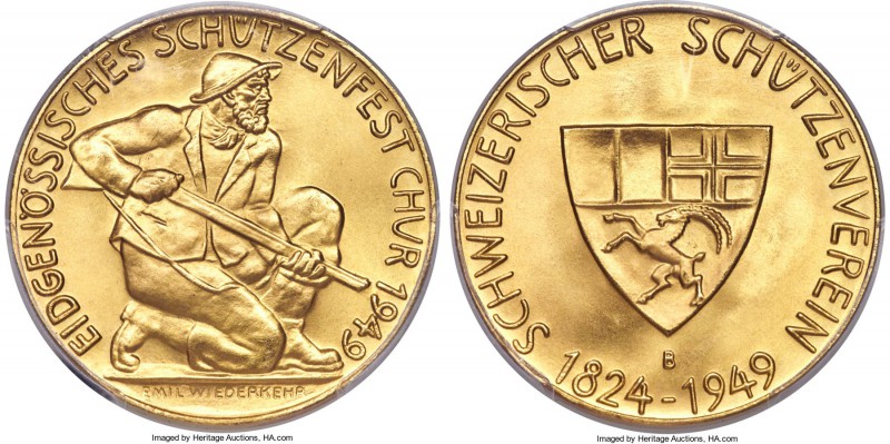 Confederation gold "Chur Shooting Festival" Medal 1949-B MS68 PCGS, Bern mint, R...
