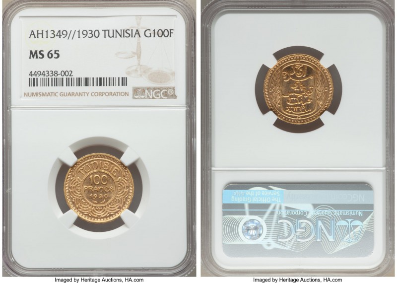 Ahmad Pasha Bey gold 100 Francs AH1349 (1930) MS65 NGC, Paris mint, KM257. Probl...
