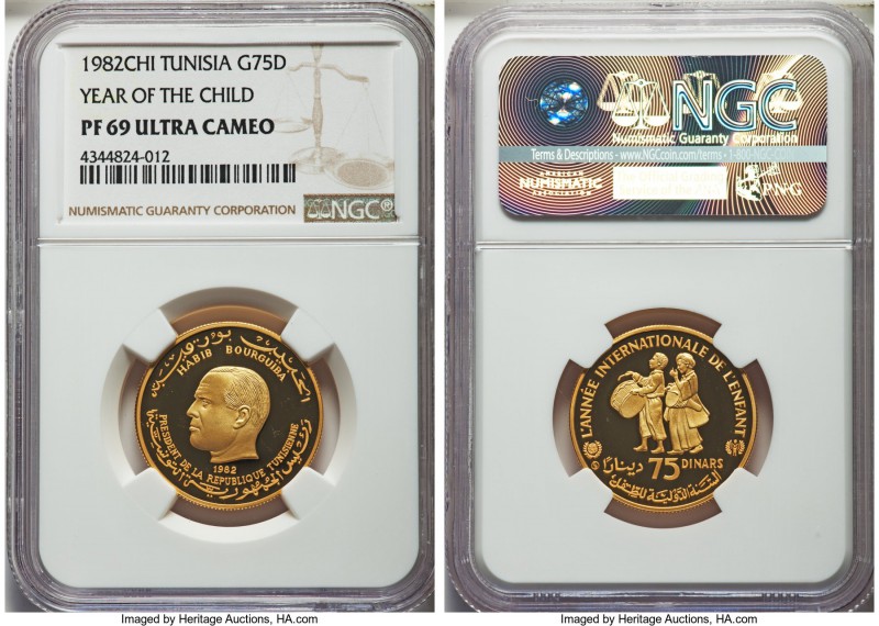 Republic gold Proof "Year of the Child" 75 Dinars 1982-CHI PR69 Ultra Cameo NGC,...