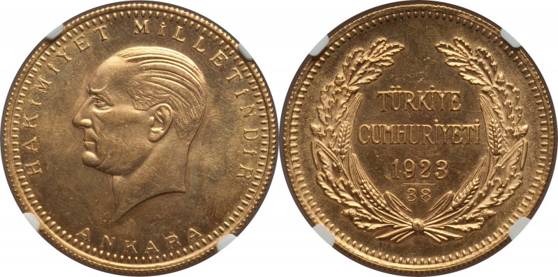 Republic gold 500 Kurush 1923//38 MS62+ NGC, KM859. Mintage: 1,738. A low mintag...