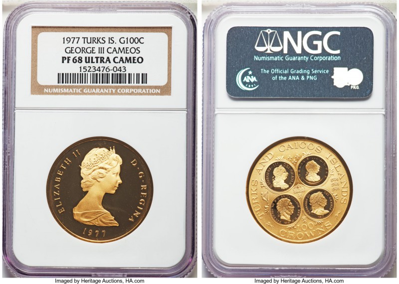 Elizabeth II gold Proof "George III Cameos" 100 Crowns 1977 PR68 Ultra Cameo NGC...