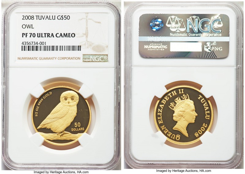 Elizabeth II gold Proof "Owl" 50 Dollars 2008 PR70 Ultra Cameo NGC, KM161. AGW 0...