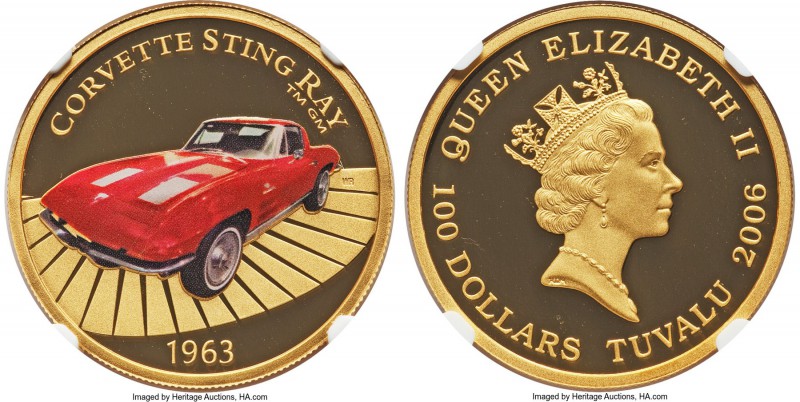 Elizabeth II gold Proof Colorized "Corvette Stingray" 100 Dollars 2006 PR70 Ultr...