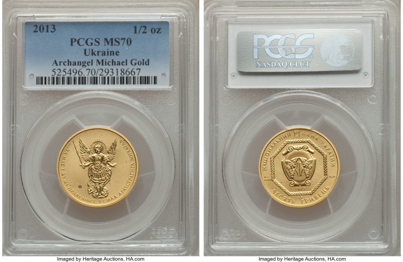 Republic gold "Archangel Michael" 10 Hryven (1/2 oz) 2013 MS70 PCGS, KM-Unl. AGW...