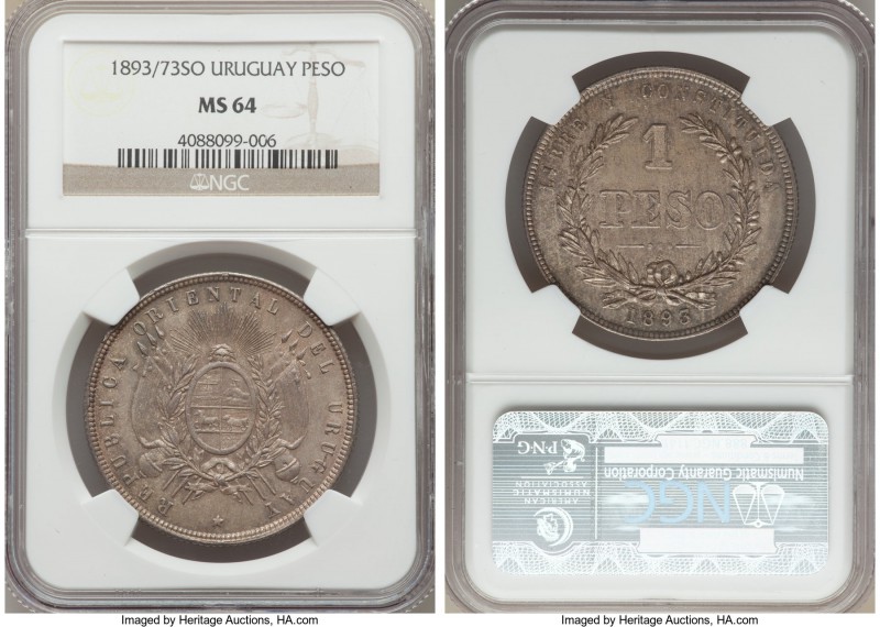Republic Peso 1893/73-So MS64 NGC, Santiago mint, KM17a. Strongly appealing , th...