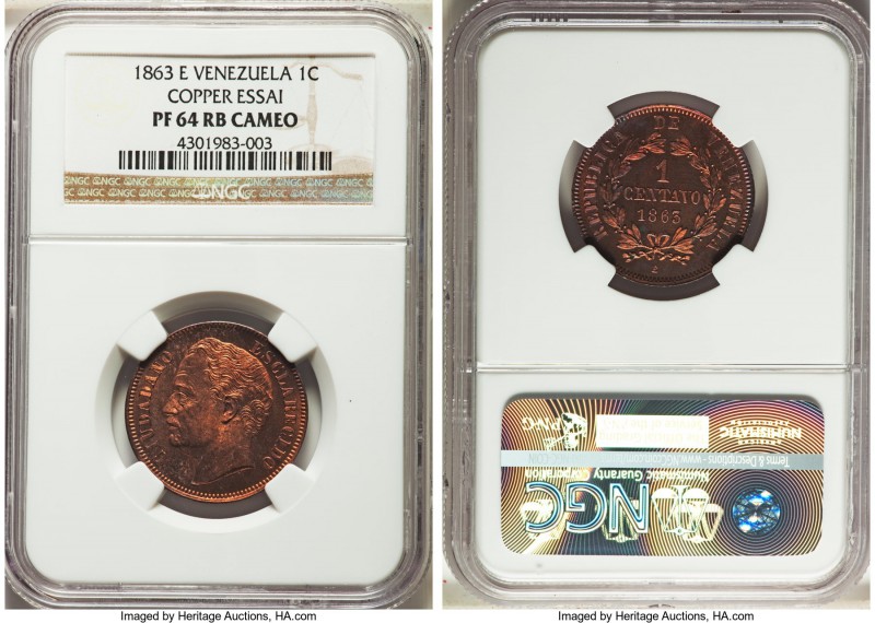 Republic copper Proof Essai Centavo 1863-E PR64 Red and Brown Cameo NGC, Paris m...