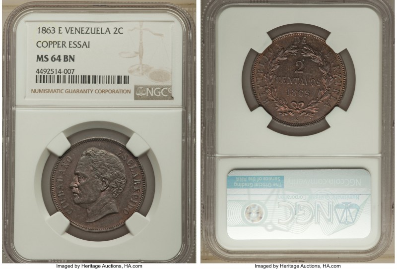 Republic copper Essai 2 Centavos 1863-E MS64 Brown NGC, Paris mint, KM-E2. Notic...