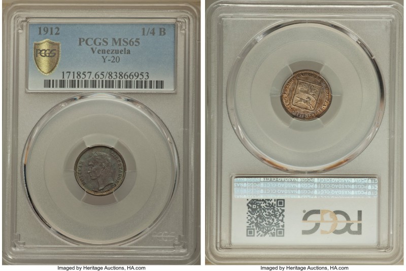 Republic 1/4 Bolivar 1912 MS65 PCGS, KM-Y20. Tied with just 3 other pieces acros...