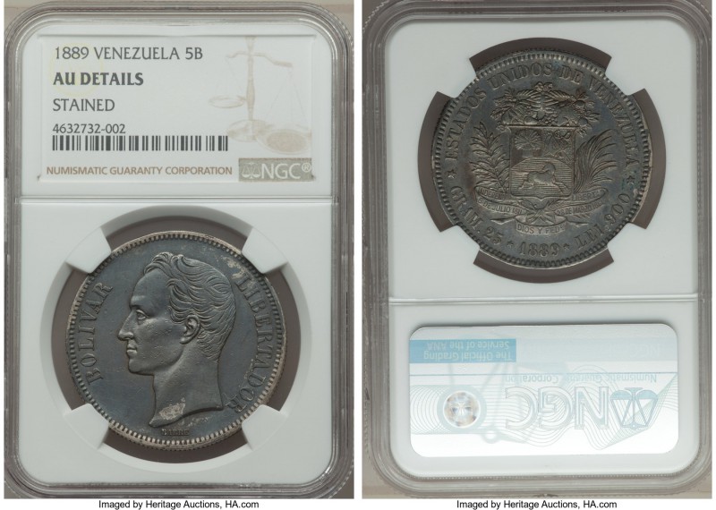 Republic 5 Bolivares 1889 AU Details (Stained) NGC, Caracas mint, KM-Y24.1. Exce...